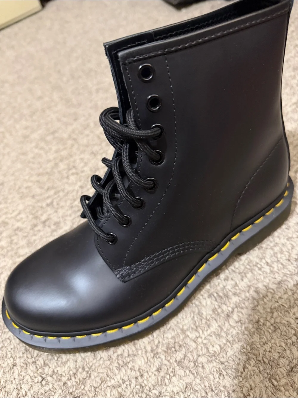 Dr. Martens 1460 Smooth Leather Boots in Black with Yellow Heel Loop
